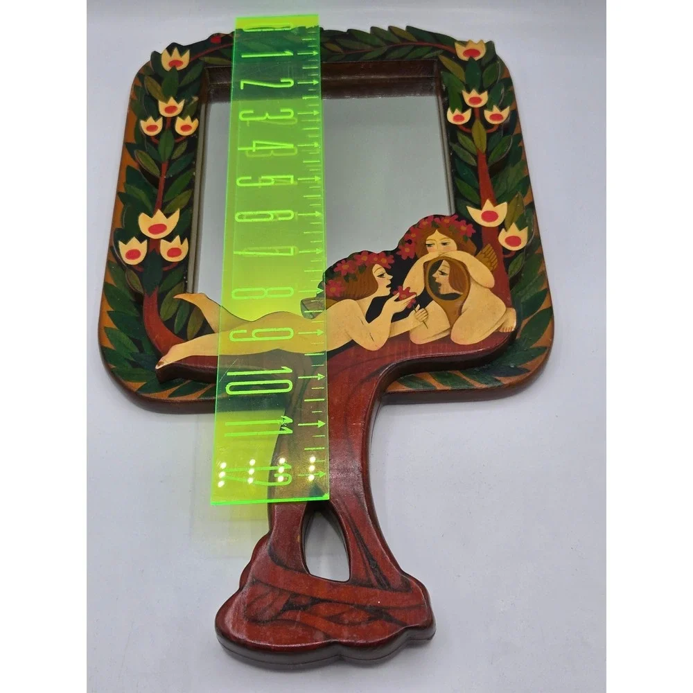 Vintage Hand Mirror Wood Carving‎ Art Nouveau Nymphs Flowers Vanity Decor